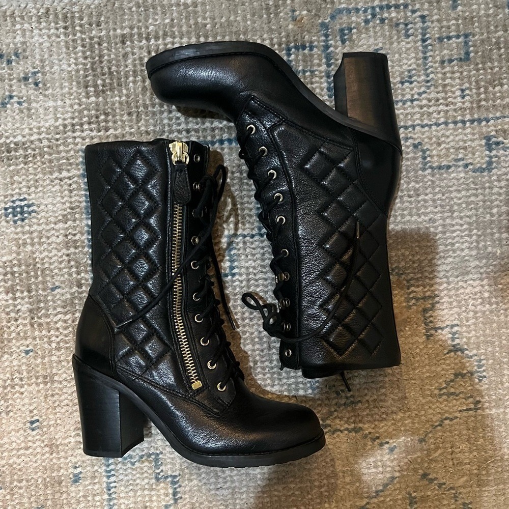 Vintage y2k Quilted Black Lace-Up granny goth grunge Stacked Heel Boots Rare 6.5